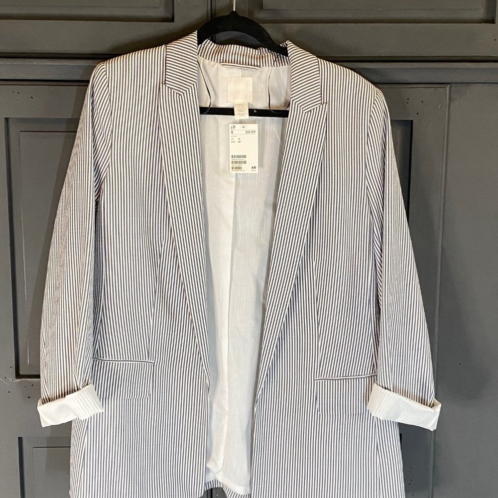 H&M Blue and White Pinstripe Seersucker Blazer